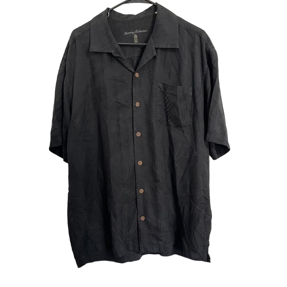 Tommy Bahama 100% Silk Black Short Sleeve Button Down Shirt Men's Size Large